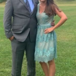 Lace floral blue dress with nude underlay